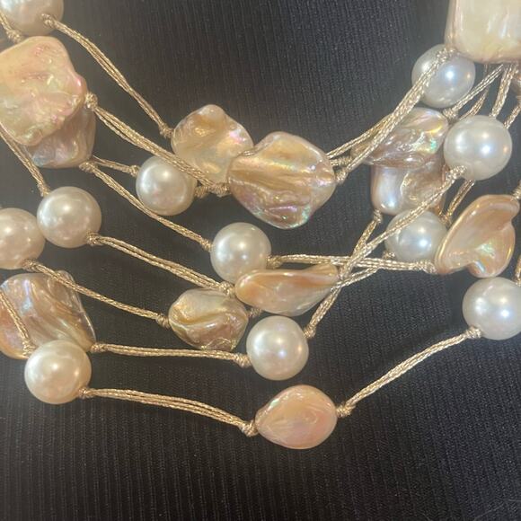 Pearl and abalone shell multi strand layered necklace - Picture 3 of 10